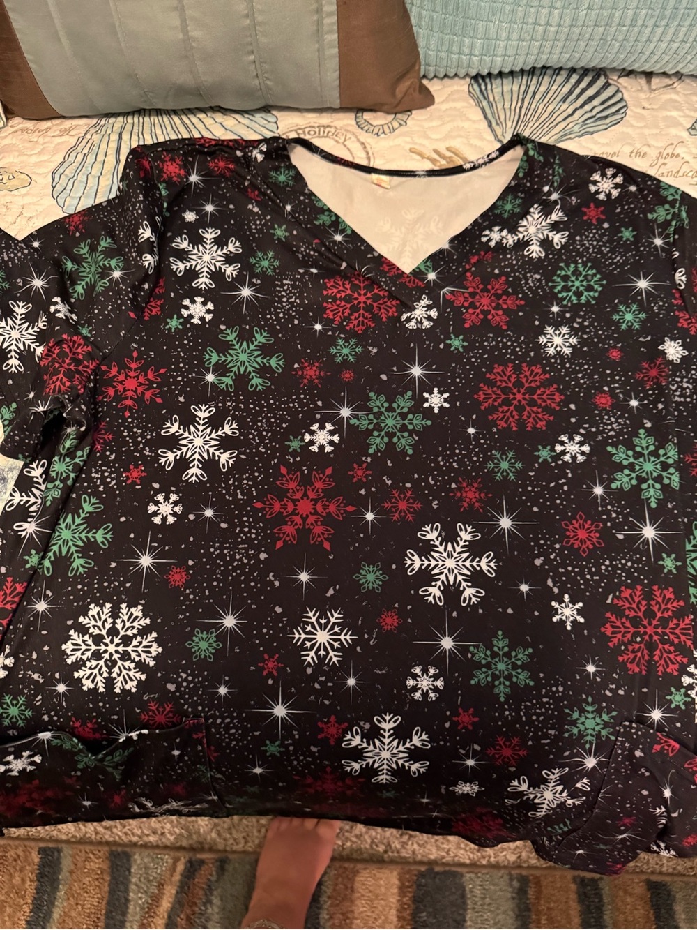 Women's Black V-Neck Holiday Sweatshirt with Red, Green & White Snowflake Print